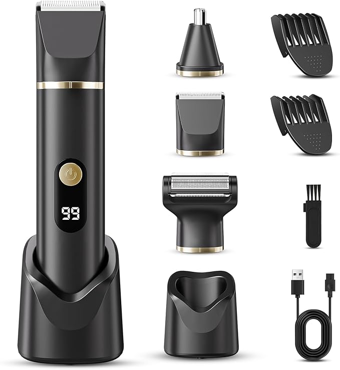 Beard Trimmer for Men IPX7 Waterproof Body Hair Trimmer Electric Razor Shaver Body Grooming Kit Wet/Dry Use for Groin Nose Ear Hairs Beard Legs Chest (Black)