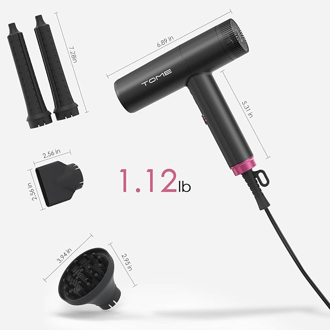 TOME Hair Dryer 1875W High-Speed EC Motor 110000 RPM Ionic Blow Dryer Fast Drying Cool Shot Lock 3 Heat 2 Speed 4 Attachments (Styling Nozzle Diffuser 2 Air-Powered Wrap Wands) 125V Hot Pink