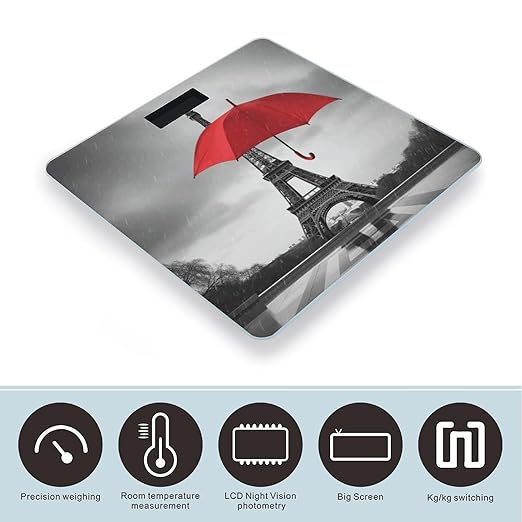 Eiffel Tower with Red Umbrella Scale for Body Weight High Precision Digital Weight Scales with LCD Display Anti-Slip Sturdy Slim Tempered Glass Bathroom Scale for Home Use