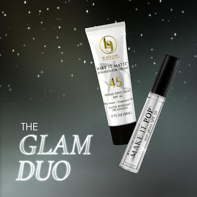 Black Girl Sunscreen – Face &amp Lip Sunscreen Make It Glam Duo – 1 SPF 45 Make it Matte Clear Sunscreen for Face &amp 1 Make it Pop SPF 50 Sungloss for Protected Poppin' Lips White