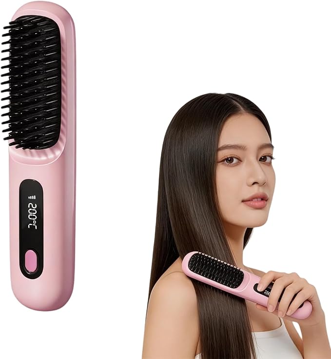 SALAN Cordless Hair Straightener Brush Portable Mini Ionic Hair Straightener with Titanium Plates USB Rechargeable Travel Straightening Comb for Short Wavy Hair Bangs &amp Quick Touch Ups (Pink)