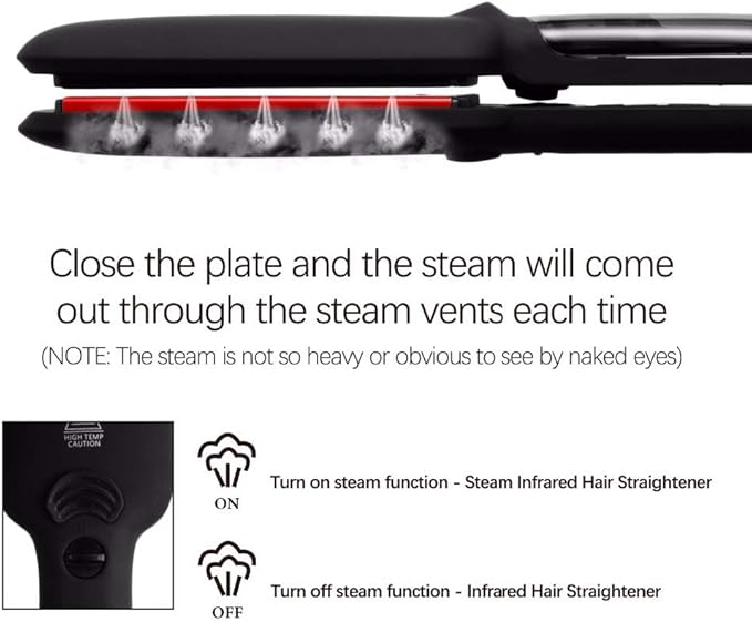 Professional Steam Infrared Hair Straightener Flat Iron 2 inch Wide Tourmaline Ceramic Plate Fast Vapor Instant Heat Up with Adjustable Temperature Dual Voltage Black