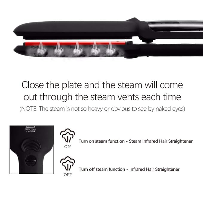 Professional Steam Infrared Hair Straightener Flat Iron with 2 inch Wide Tourmaline Ceramic Plate Fast Vapor Instant Heat Up with Adjustable Temperature Dual Voltage (Black)