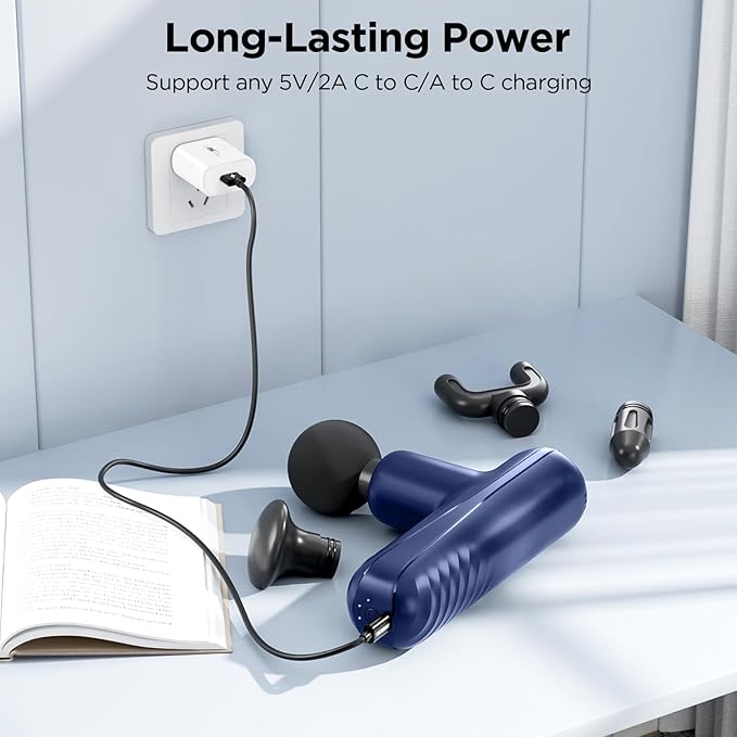 Mini Massage Gun Powerful Handheld Muscle Massager for Muscle Relaxation Deep Tissue Percussion Small Massage Gun Travel Massager with 4 Massage Heads Silent Brushless Motor Blue