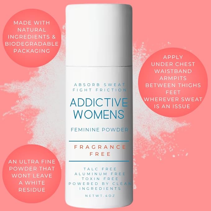 Addictive Womens Feminine Powder | Absorb Sweat | Fight Friction and Chaffing | Prevents Odor | Made from Natural Ingredients | Made in the USA (Fragrance Free)