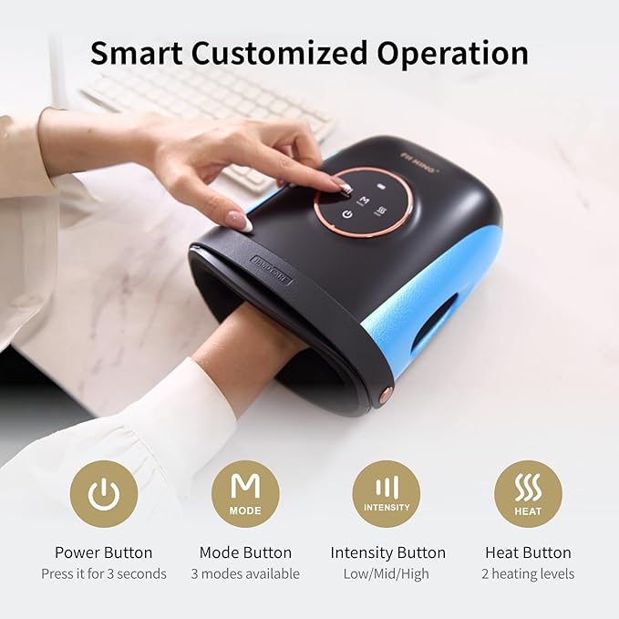 FIT KING Cordless Hand Massager with Compression &amp Heating Fingers Wrap Massage for Arthritis Pain and Carpal Tunnel Large Space for Both Men and Women (Blue)