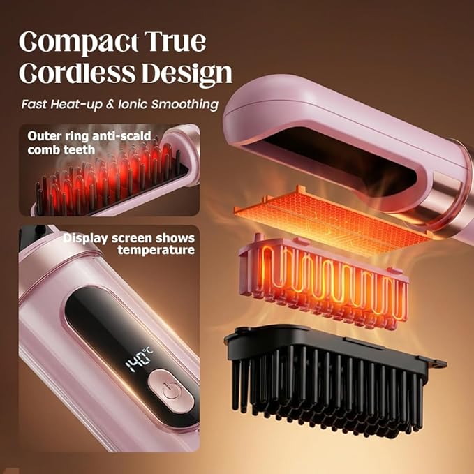 2026 New Hair Straightener Brush Cordless Hair Straightener Brush for Short Hair Mini Portable Straightening Hair Comb with 4 LCD Temperature Display Fast Heating for Women Travel Essential (Green)
