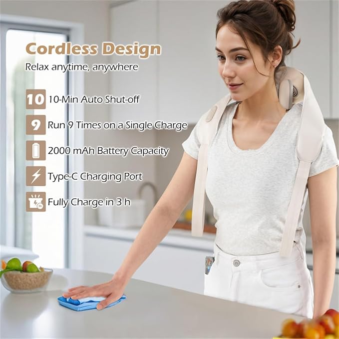 Neck and Shoulder Massager with 4D Kneading Adjustable Heat Hands-Free Straps Cordless Design for Home Office Travel Use