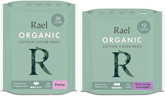 Rael Period Bundle - Organic Cotton Cover Pads (Petite 28 Count) &amp Extra Long Overnight (12 Count)