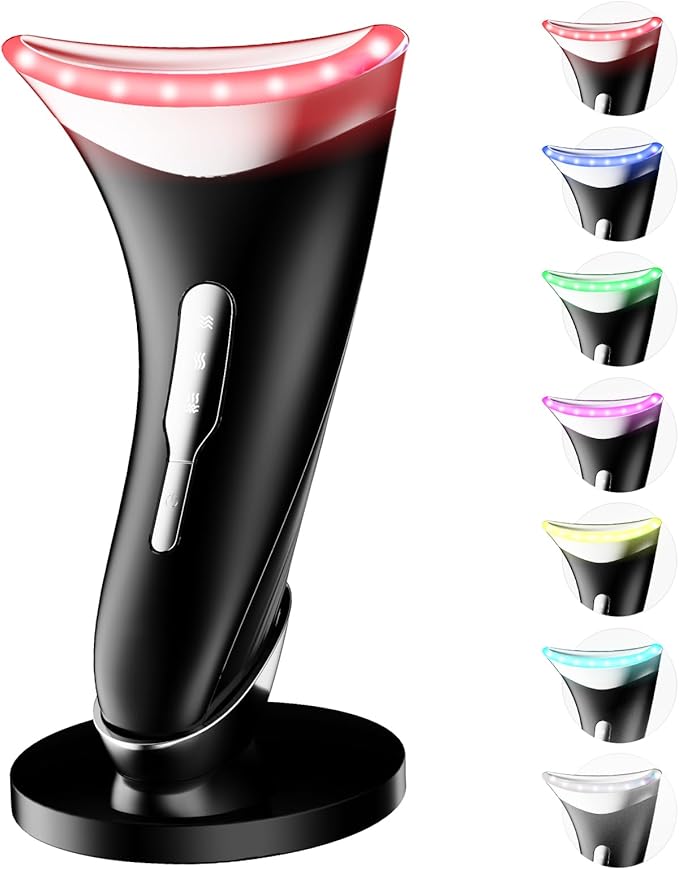 7 Color Light Therapy Facial Massager with Adjustable Vibration and Thermals for Wrinkles Double Chin Red Light Skin Care Tool with Base Black