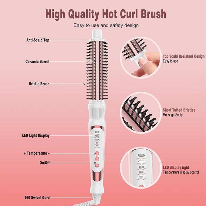 Heated Round Brush Ceramic Tourmaline Ion Curling Iron Hot for Fluffy Thermal Brush Curling Wand Suitable for All Hair Types Tool (White 1 inch)