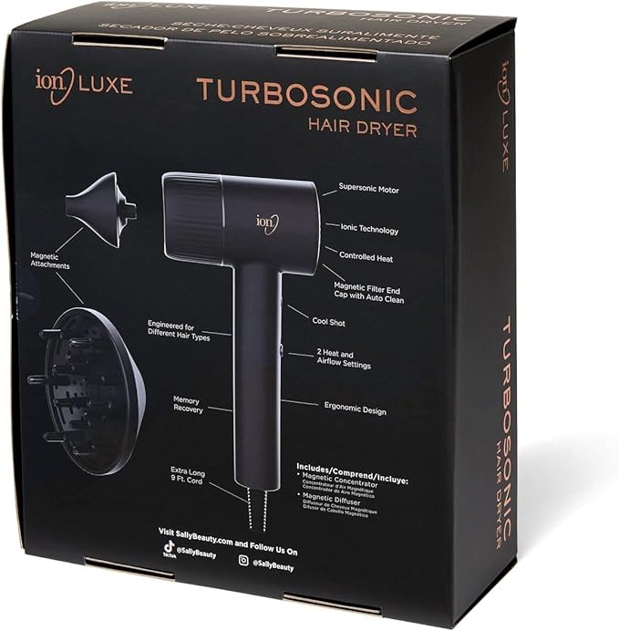 ion Luxe Turbosonic Hair Dryer 2 Heat &amp Speed Settings Supersonic Motor 9 ft Cord 1600W