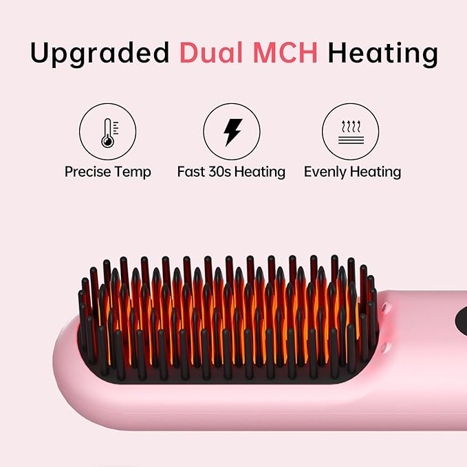 2Pcs Numoya GoBrush Pro 2025 Cordless Hair Straightener Brush for Short Hair Portable Travel Hair Straightener Cepillo Alisador De Cabello 9 Temp Settings 9600mAh Rechargeable (Pink)
