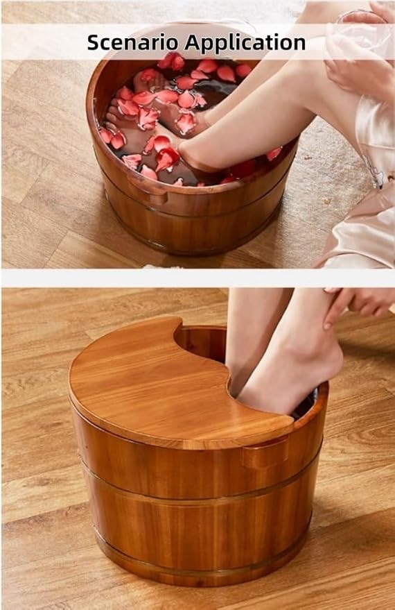 Natural Solid Wood Feet Basin Tub Foot Soaking Barrel Sturdy Wooden Bucket with Lid Cover for Feet Bath Spa Massage Sauna Household Insulation Steamed