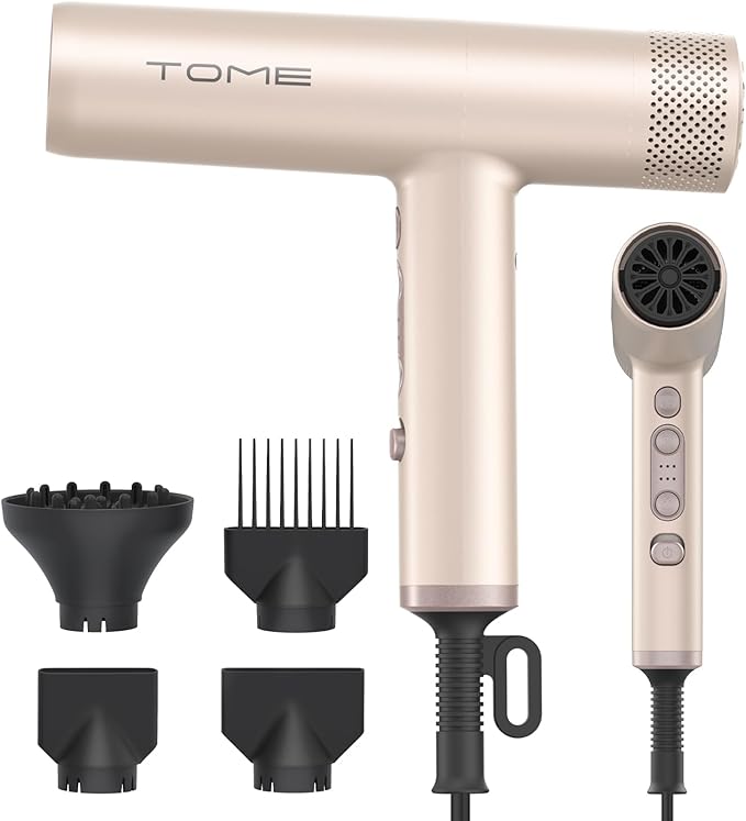 TOME Hair Dryer 1875W High-Speed EC Motor 100000 RPM Ionic Blow Dryer Salon Performance for Precision Styling Cool Shot Lock 3 Heat 3 Speed 2 Nozzles Comb Nozzle Diffuser 125V (Pink)