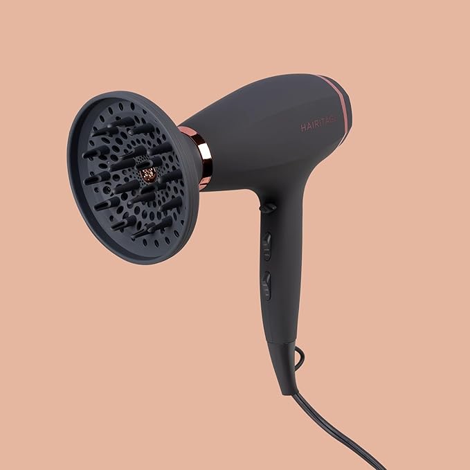 Hairitage Ionic Hair Blow Dryer &amp Diffuser + Concentrator Attachments for All Hair Types 1875 Watts 3 Heat Settings &amp Cool Shot Locks-in Style Best Lightweight Diffuser for Smooth Blowouts