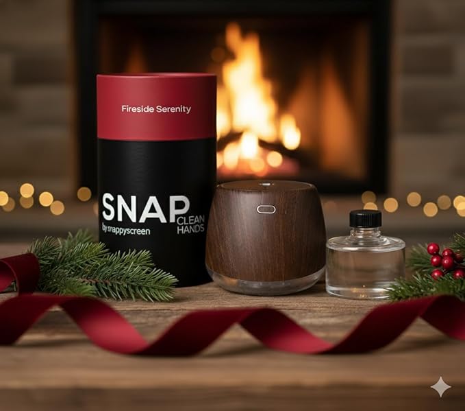 SNAP Wellness Touchless Mist Hand Sanitizer Device + Cartridge (Fireside Serenity - Sweet Jasmine Tobacco and Amber) Woodgrain