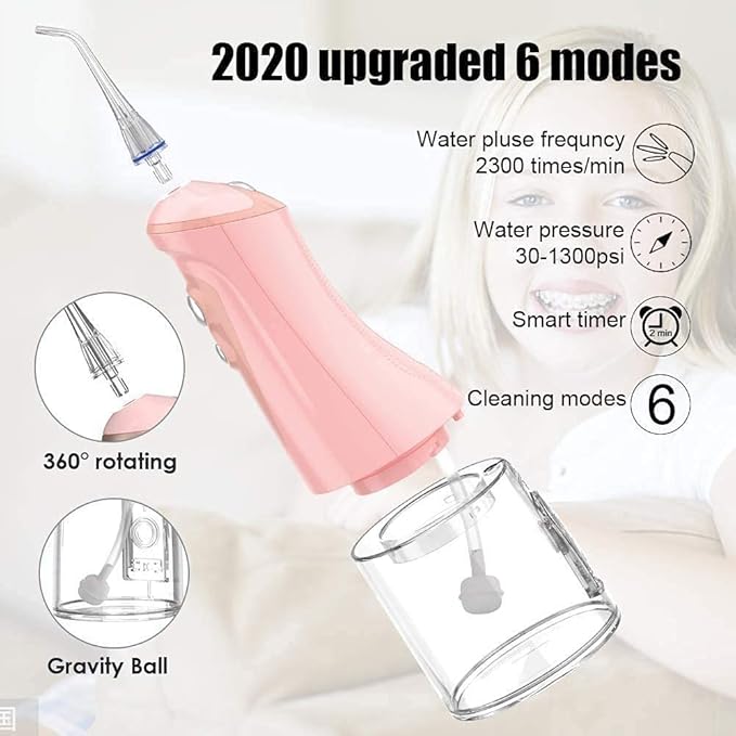 Water Dental Flosser Cordless for Teeth6 Modes 320ML Portable and Rechargeable IPX7 Waterproof Water Flosser with Cleanable Water Tank for Home and Travel (Color : Pink)