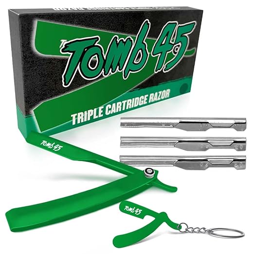 Tomb45 Triple Cartridge Razor Holder | Disposable Razor Safety Handle For Barbers | 100% Metal Grip &amp 3 Adjustable Blade Exposure Options For Shaving | Men's Straight Edge Razors Manual Shaver