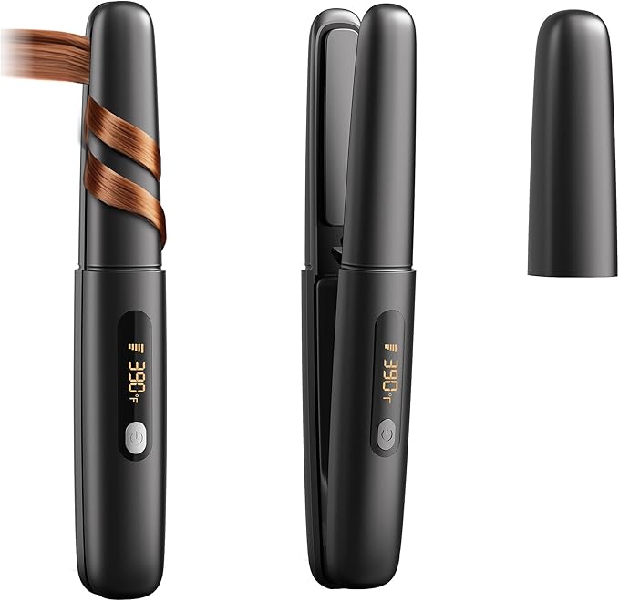 Cordless Hair Straightener Curler 2 in 1 Ceramic Flat Iron Mini Portable Fast Heating 30s 4500mAh Battery 4 Temp Adjustments LCD Display USB Rechargeable for Women Men with Pouch (Black White)