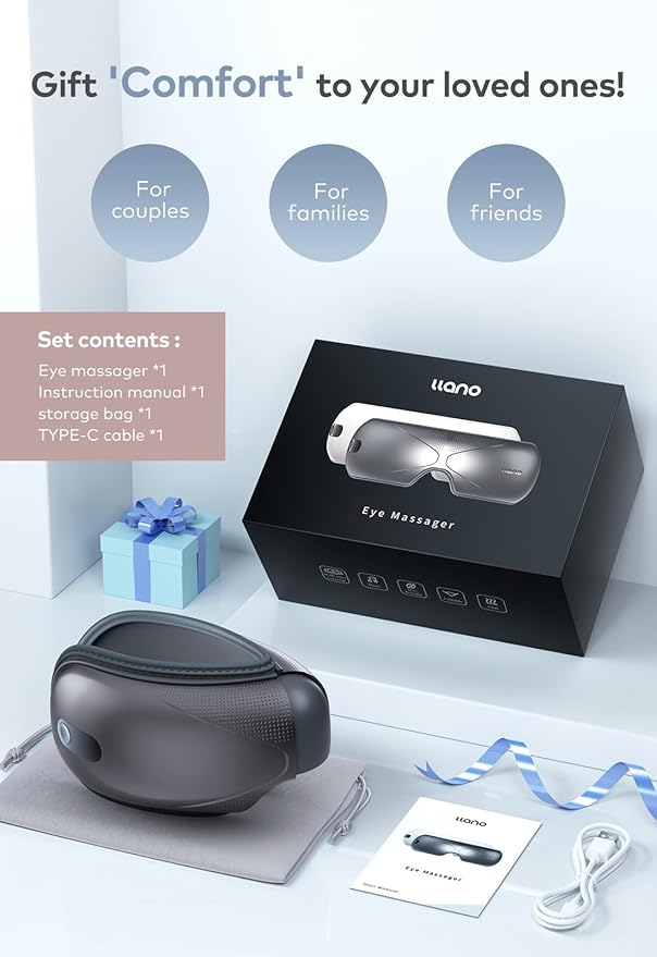 llano Eye Massager with Heat Heated Eye Mask with MusicFoldable Eye Care Face Eye Massager for Relax Eye Strain Dark Circle Dry Eye Birthday Holidays Gifts for Women/Men (Grey)
