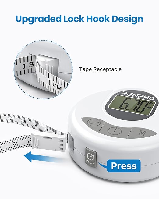 RENPHO Body Measuring Tape Bluetooth Smart Tape Measure with Lock Hook &amp Retractable Function Accurate Body Fat Measurement Device for Weight Loss Muscle Gain Fitness Bodybuilding 60in /150cm