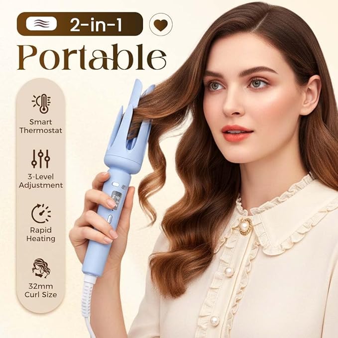 Fully Automatic Lazy Curling Stick2026 New Electric Rotary Curler32mm Rotating Curling Iron with 3 TemperaturesFast Heating Curler Tongs Anti-Scald Hair Wand Gift for Long Hair (Purple)