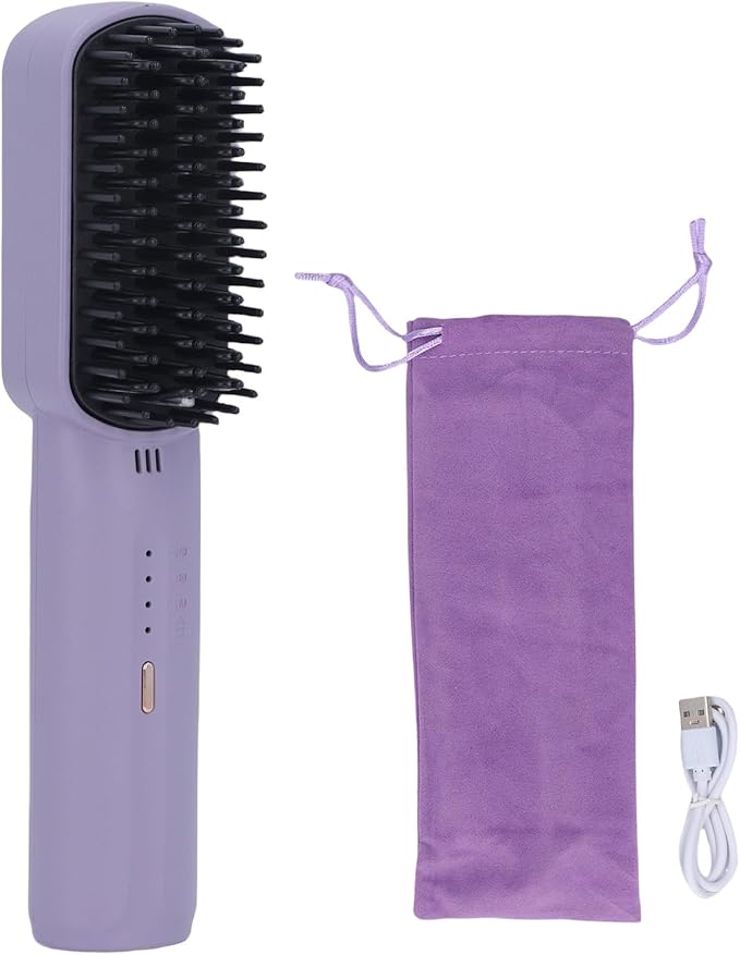Brrnoo 2500mAh Hair Straightener Brush Fast Heating Portable Hair Straightening Comb with Built in Conditioner and 3 Adjustable Temperature Gears for Women (Purple)