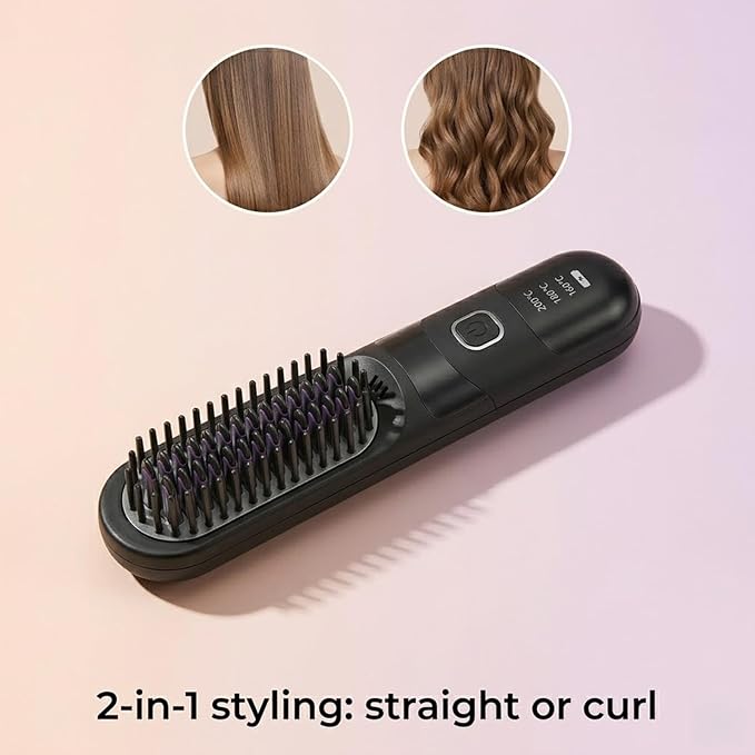 Cordless Hair Straightener Brush Hair Straightening Brush Portable Travel Size Hair Straightener for Women Mini Rechargeable Hair Straightener Comb Electric Hair Brush (Pink)