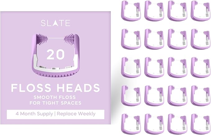 Slate Flosser Refills - Reusable Woven Floss PFAS-Free Non-Toxic Dental Floss | Fits Slate Electric Flosser w/Tongue Scraper &amp Gum Sweeps | 20-Pk Lilac Smooth Floss Heads