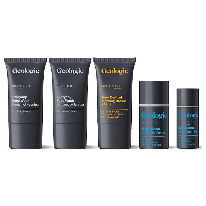 Geologie Complete Skincare Set for Men &amp Women | 1-Month Simple &amp Effective Daily Clear Skin Routine | Acne Oily Skin Dark Spots | Face Wash 2-Pack Retinol Face Cream SPF15 Moisturizer &am