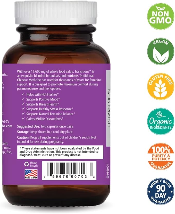 Pure Essence Labs Transitions Vitamins for Women Natural Menopause Relief Supplement to Promote Hormone Balance Reduce Hot Flashes Mood Swings &amp Night Sweats 60 Capsules