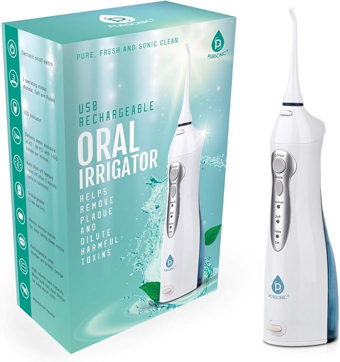 Pursonic USB Rechargeable Oral Irrigator Water Flosser Helps Remove Plaque And Dilute Harmful Toxins.