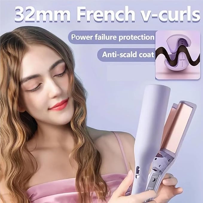 French Wave Curling Iron Rommantic French Egg Roll Curling Iron Egg-Roll Hairstyle Water Ripple V-Shaped 32mm Curling Wand (Pink+Purple)