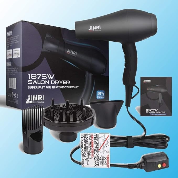 JINRI Infrared Hair Dryer Professional Salon Hairdryer Negative Ionic Blow Dryers for Fast Drying Pro Ion Quiet Hairdryer with Diffuser &amp Concentrator &amp Comb Black