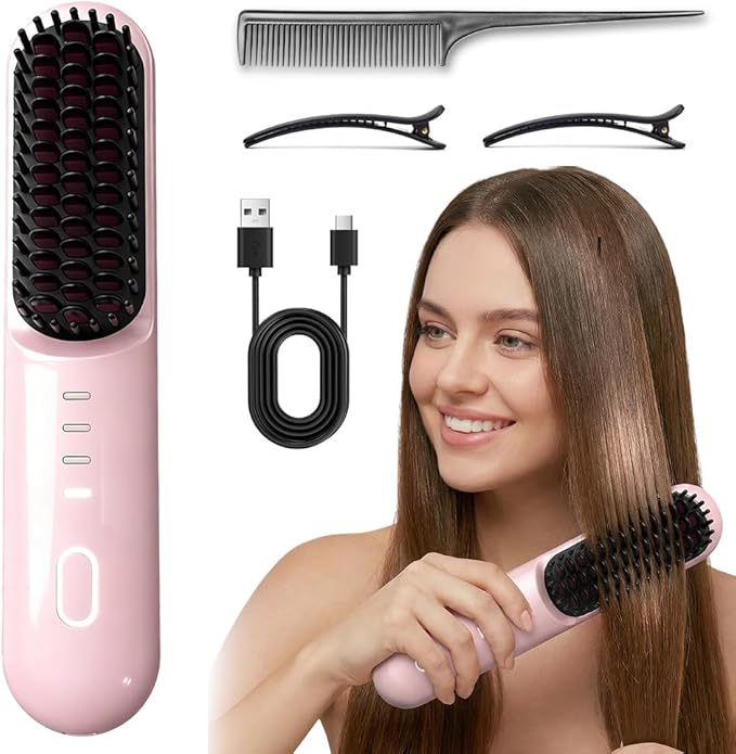 Go Brush - Pro for Short Hair - 2026 Upgraded Cordless Straightening Brush with 30s Fast Heat 3 Temperature Settings Ionic &amp Ceramic Care 2500mAh USB-C Rechargeable for Frizz-Free Styling (Pink