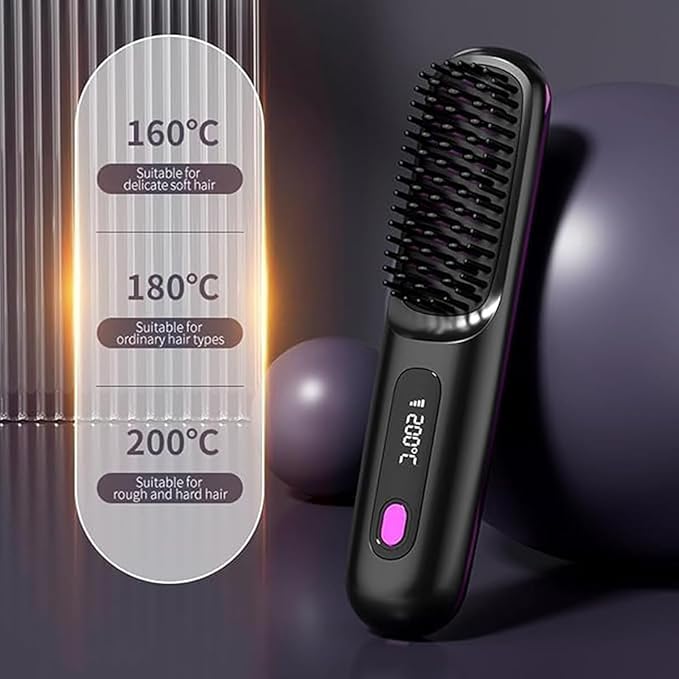 Cordless Hair Straightener Brush Portable on the Go Comb for Travel Usb Chargingtwo Power Sources 30s Fast Heatinglcd Large Screen Display(Purple)