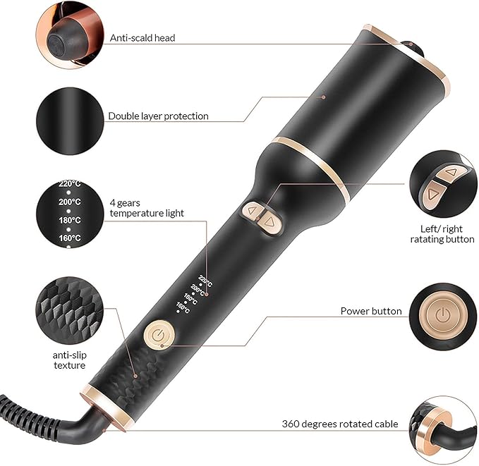 Automatically Hair Curler Automatic Looper Wavy Crimping Curl Tool Professional Anti-Tangle Auto Curling Iron with 5 Temperatures &amp Timers &amp LED Display