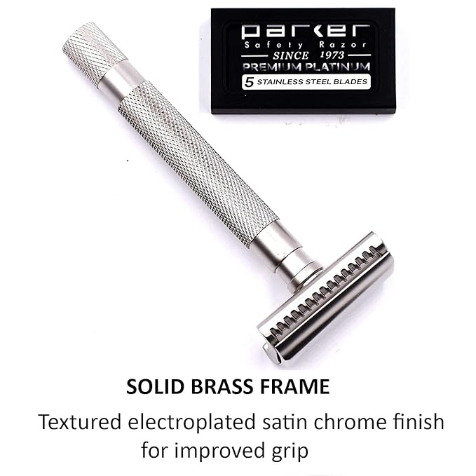 Parker Semi-Slant Safety Razor – Satin Chrome Finish | Smooth Efficient Double Edge Wet Shaver for Men | Slanted Cutting Action + 5 Platinum Blades Included | Iconic Brand