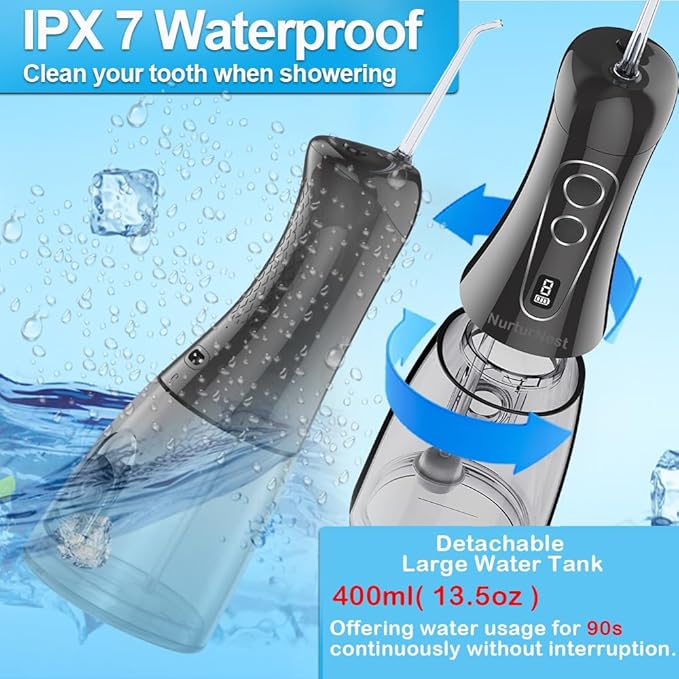 Water Flosser for Teeth Cordless Oral Irrigator Professional Rechargeable Dental Water flosser IPX7 Waterproof 8 Modes Large Water Tank 400ML(13.5oz) for Home &amp Travel Black
