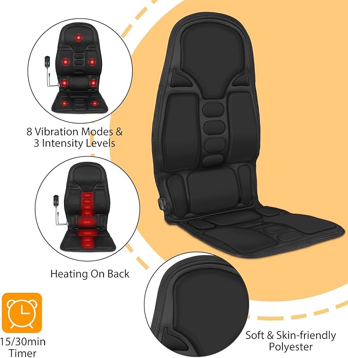 Solianne Back Massager with Heat Vibration Back Massage Pad 8 Motors Comfortable Back Massage Cushion for Back Neck Shoulder Leg Pain Relief Deep Tissue Home Office Use