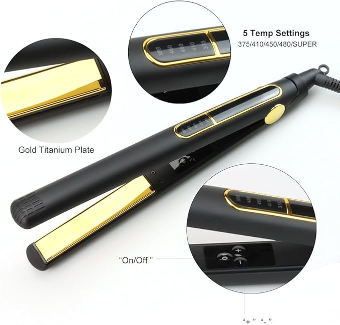 Professional Hair Straightener with Gold Titanium Plates 5 Temperature Settings LCD Display Black (1inch)