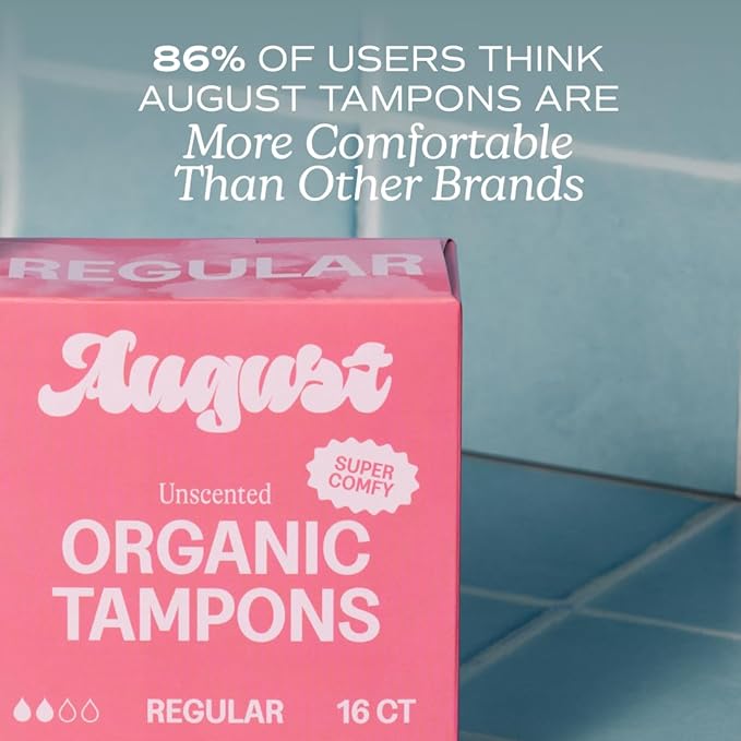 August Regular Tampons - 72-Pack 100% Organic Cotton Tampons for Women and Anyone Who Menstruates Non-Toxic Fragrance-Free and Hypoallergenic with Long Applicators (3 Boxes of 24)
