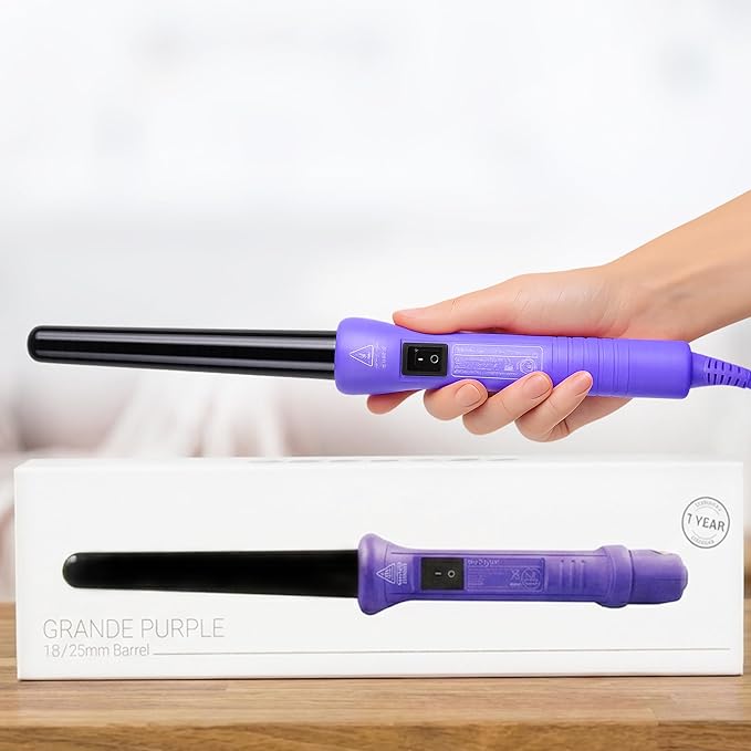 Herstyler Grande Ceramic Tapered Curling Wand - 1 inch Dual Voltage with Negative Ions for Long and Short Hair (Purple)