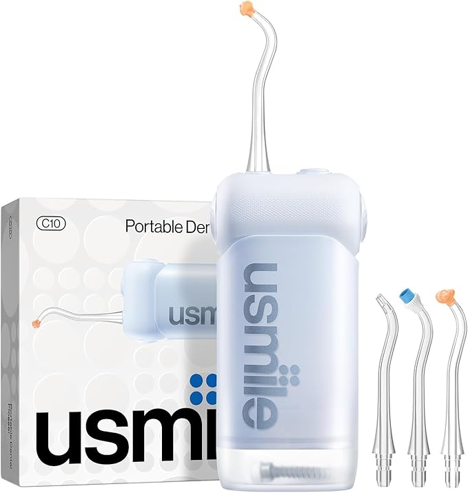 【5-in-1 Bundle】 usmile C10 Portable Water Flosser Blue Y20 PRO AI Smart Electric Toothbrush White Standard Nozzles Replacement Brush Heads &amp Travel Case – Complete Oral Care Set for Home &amp