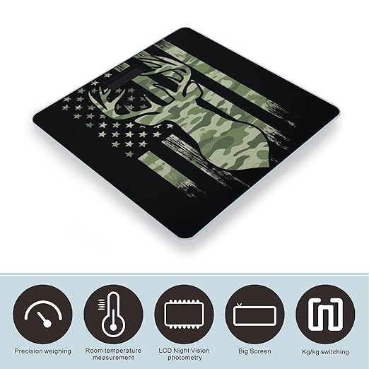 Automatic Switch Digital Bathroom Weighing Scale Smart Scale for Body Weight Camouflage American Flag Hunting Deer Camo Black