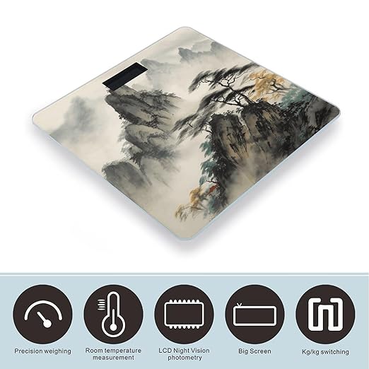 Chinese Landscape Painting Scale for Body Weight Safe Rounded Corners Tempered Glass Digital Bathroom Scale LED Display 400lb Capacity Weight Scales with High Precision Sensors