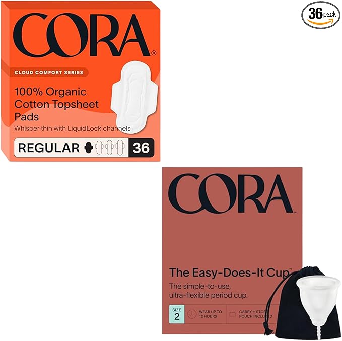 Cora Organic Feminine Care | 36 Regular Pads with Wings and a Size 2 Menstrual Period Cup | Medical Grade Silicone | Eco-Conscious | Bundle Pack