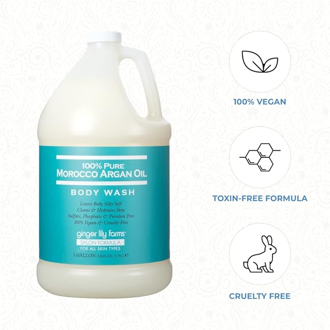 Ginger Lily Farms Salon Formula 100% Pure Morocco Argan Oil Body Wash for All Skin Types 100% Vegan &amp Cruelty-Free 1 Gallon (128 fl oz) Refill