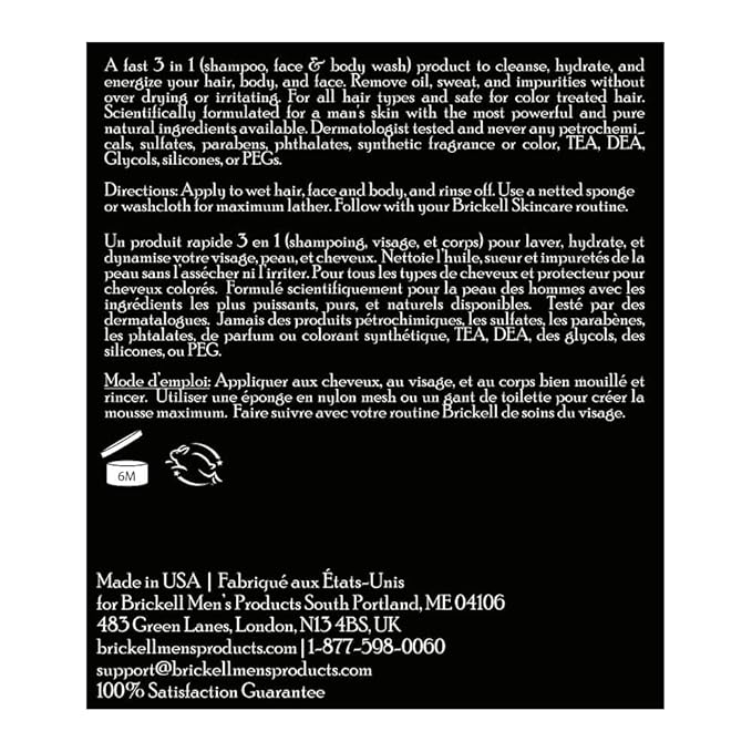 Brickell Men's Rapid Wash Natural and Organic 3 in 1 Body Wash Gel for Men 16 Ounce Spicy Citrus Scent